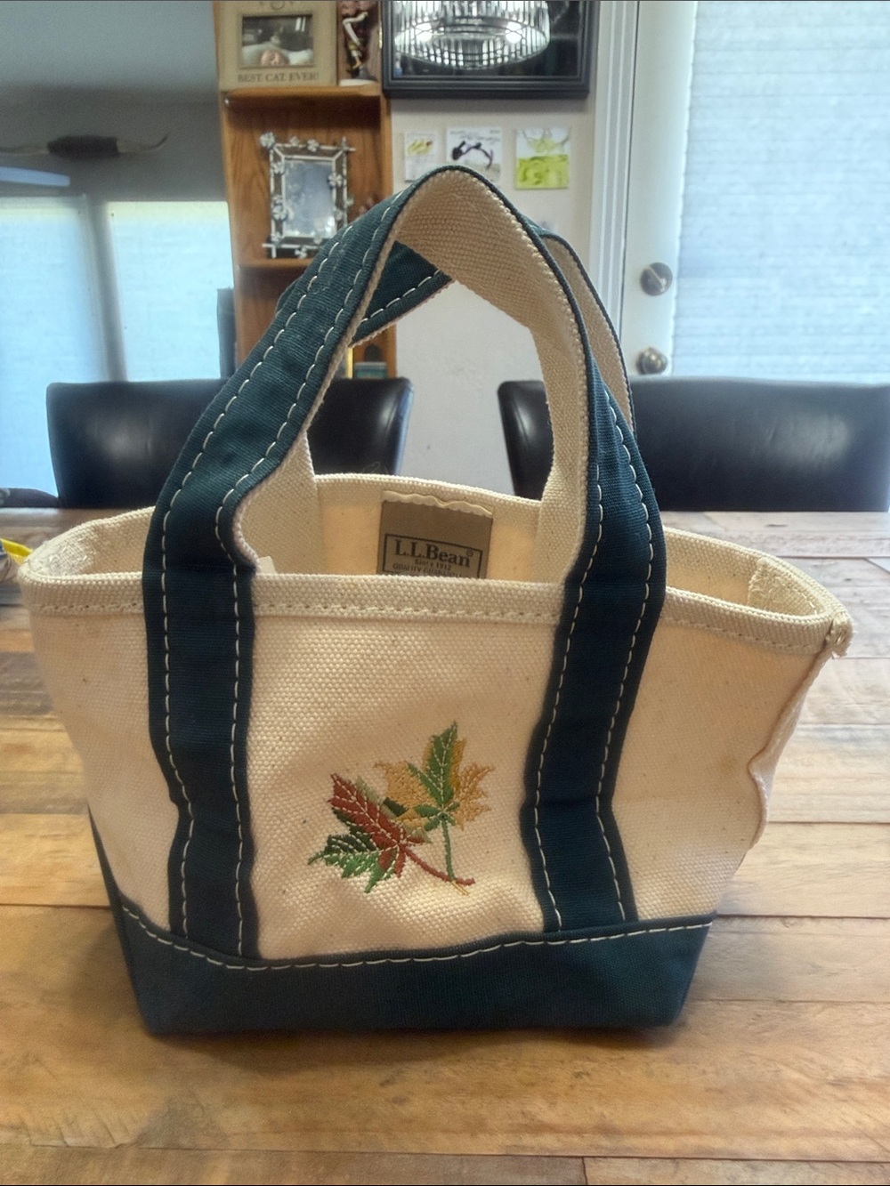 L.L. Bean Cream Canvas Mini Tote with Teal Handles and Leaf Embroidery